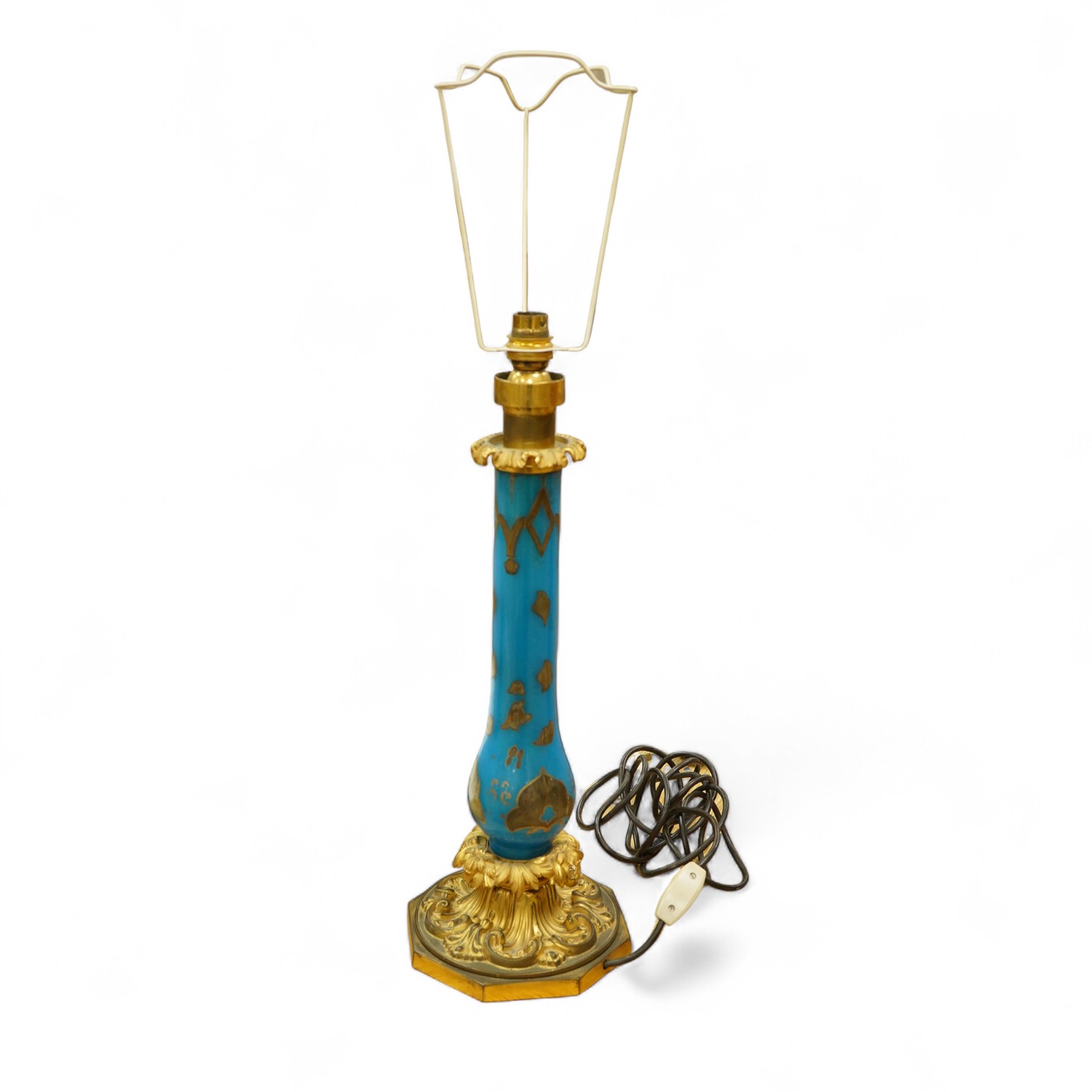 A 19th century Palmer & Co. Patent ormolu-mounted blue opaline glass table lamp, 44cm